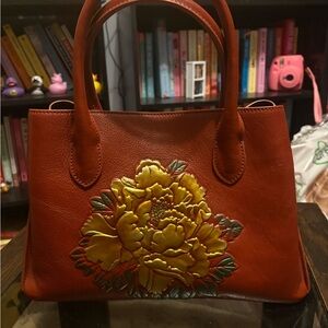 Sharif Brown Leather Crossbody with Yellow Floral Appliqué